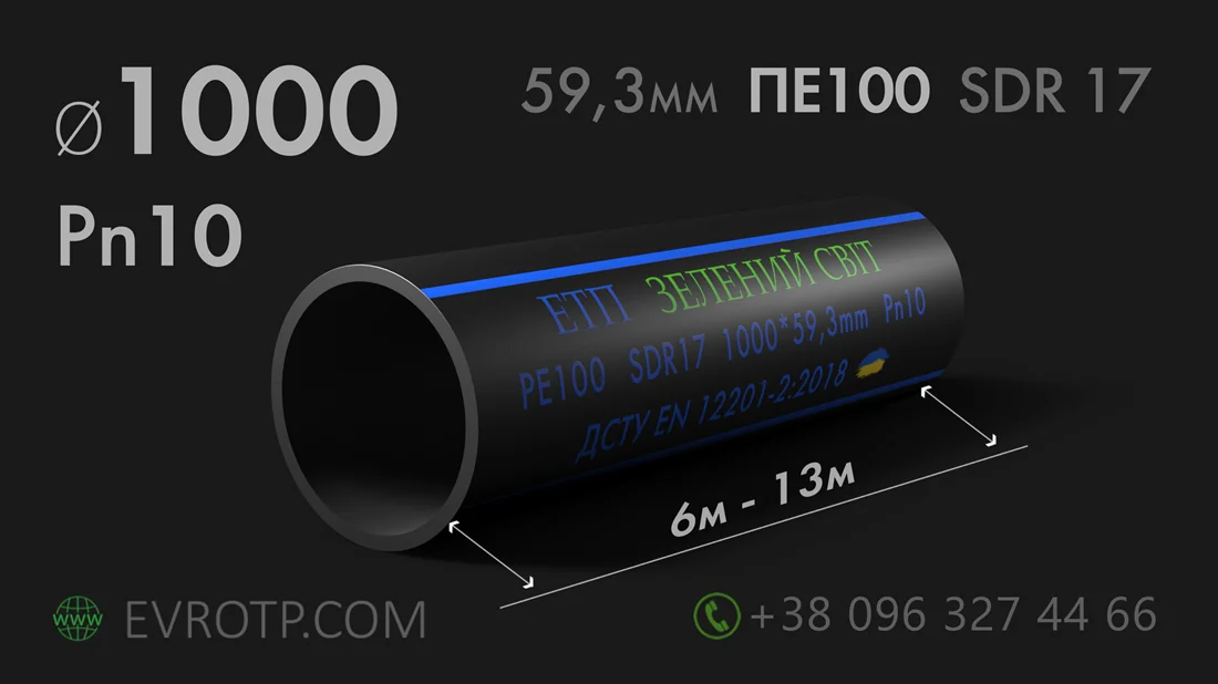 Поліетиленова труба водопровідна діаметром 1000мм стінка 59,3мм 10 атмосфер ПЕ100 SDR17 Pn10. Завод: ЕТП Зелений світ. Євро Труб Полімер. ДСТУ EN 12201-2:2018.Характеристики. 